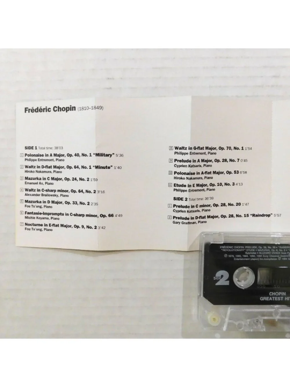 Chopin Greatest Hits Classical Audio Cassette 1994 Sony Bonus Trivia